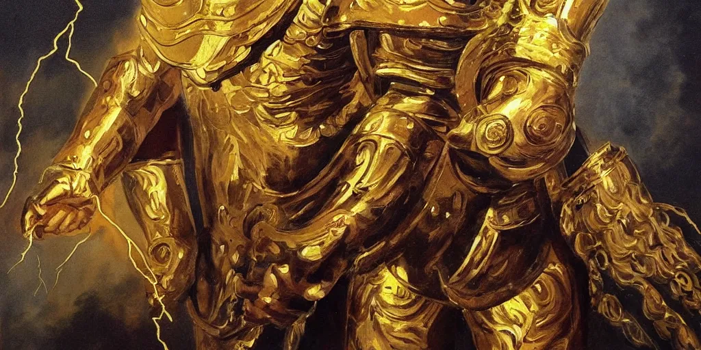 Prompt: a beautiful painting of zeus with his gold armor ready for a battle, with his lightning.