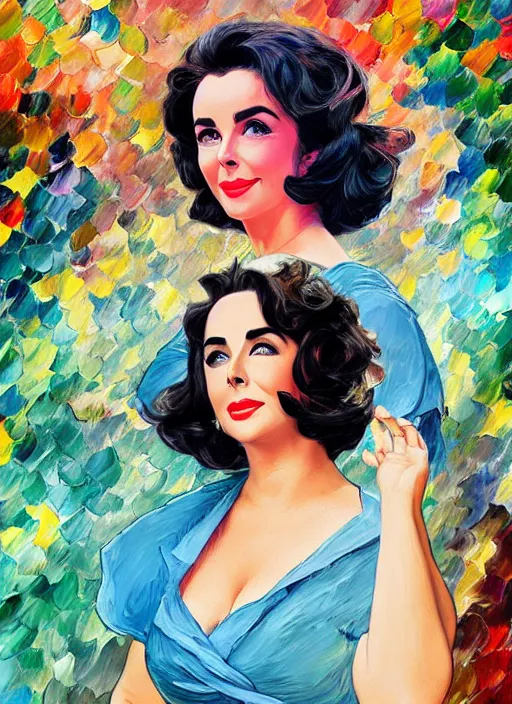 Image similar to elizabeth taylor, wearing mid - century clothes,, half body shot, path traced, highly detailed, high quality, digital painting, alena aenami, leonid afremov, lilia alvarado, shinji aramaki, karol bak, alphonse mucha, tom bagshaw