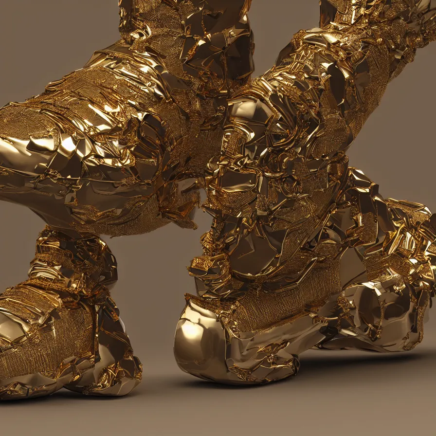 Image similar to futuristic balenciaga sneakers, nft art, highly detailed, hyper realistic, a ton of bussdown iced gold bling in wallace & gromit strata - cut claymation, ultra realistic, concept art, intricate details, serious, highly detailed, photorealistic, octane render, 8 k, unreal engine