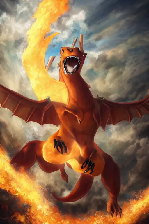 Prompt: Charizard as a Titan from Attack on Titan, oil on canvas, intricate, portrait, 8k highly professionally detailed, HDR, CGsociety