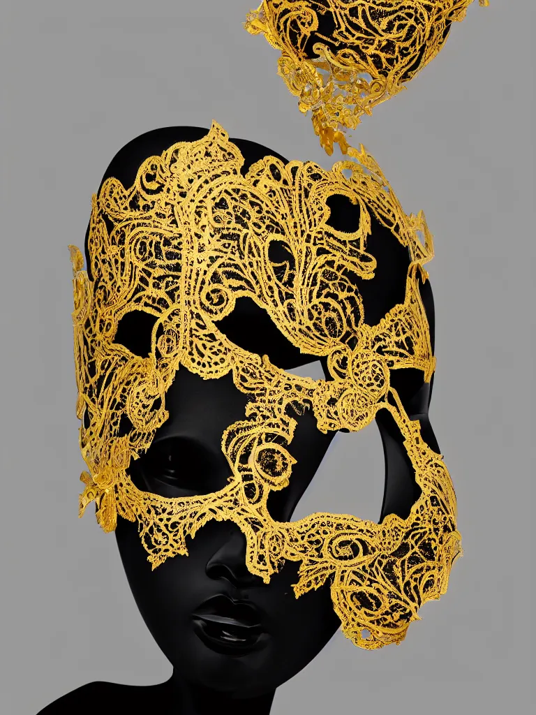Prompt: a beautifully sculpted mannequin made of onyx with gold lace masquerade face mask, ornamented, opulent, kintsugi, confident, serene desert setting, innovative avant - garde art, photorealistic portrait, crisp quality and light reflections, clean linework, finely detailed, 4 k, rule of thirds, trending on artstation, volumetric lighting, octane render