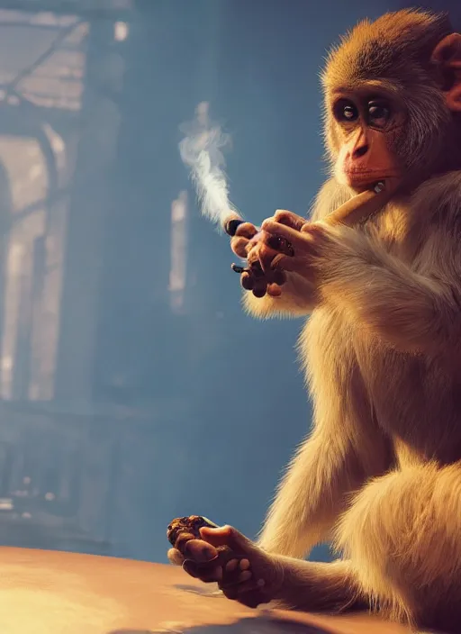 Image similar to pathfinder 2 e illustration of furry monkey goblin smoking a cigar, unreal engine, hyper realism, realistic shading, cinematic composition, realistic render, octane render, detailed textures, photorealistic, wide shot
