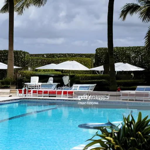 Prompt: nuclear codes on documents scattered on deck chair next to pool at mar a lago, news photo, ap