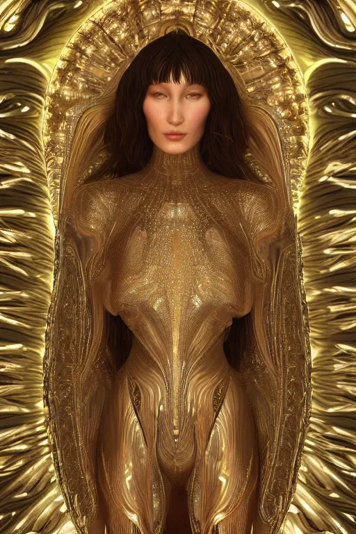 Image similar to a highly detailed metahuman 4 k render photo of an alien goddess bella hadid in iris van herpen dress schiaparelli in diamonds swarovski and jewelry in style of alphonse mucha gustav klimt trending on artstation made in unreal engine 4