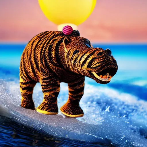 Image similar to a closeup photorealistic photograph of a cute smiling knitted tiger hippopotamus chasing a beachball at sunset. surf in the background. professional capture. this 4 k hd image is trending on artstation, featured on behance, well - rendered, extra crisp, features intricate detail, epic composition and the style of unreal engine.