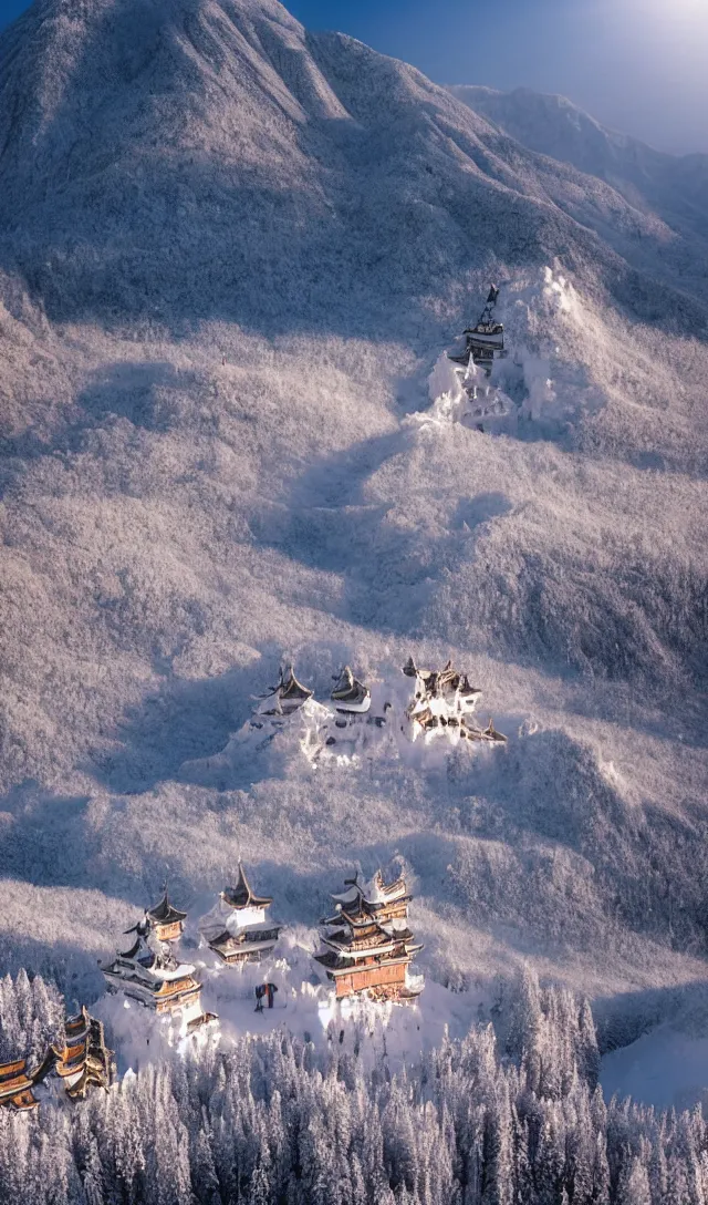 Prompt: a magnificent snow - covered palace at the top of changbai mountain, with sunlight spilling over the flat ground at the foot of the mountain is a sea of petunia flowers ， super wide angle ， chinese style ， matte painting ， rtx on ， trending on cgsociety and artstation, volumetric light ，