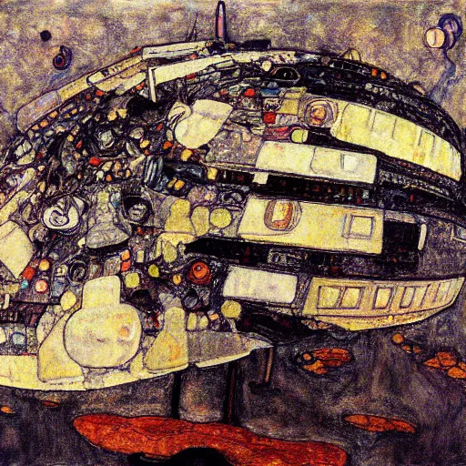 Image similar to Egon Schiele painting of DreamBotMothership, highly detailed