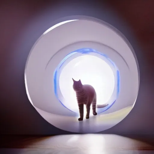 Prompt: Cat opening a giant portal into another dimension in the living room, gorgeous volumetric lighting, epic composition