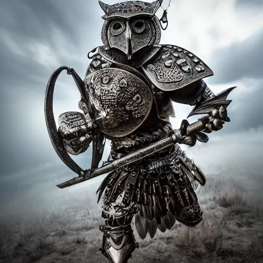 Image similar to warrior with metal owl armour, highly detailed, 4k, HDR, smooth, sharp focus, hyper realistic, high resolution, award-winning photo