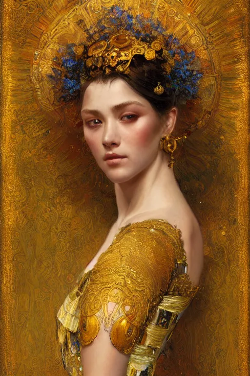 Image similar to an intricate artistic pose painting of a beautiful young goddess with an artistic sensual pose with klimt golden motives and textures, hyper detailed, ornamental gold headpiece, octane render, vivid colors, artstation, by jeremy mann, by alphonse mucha, by boris vallejo