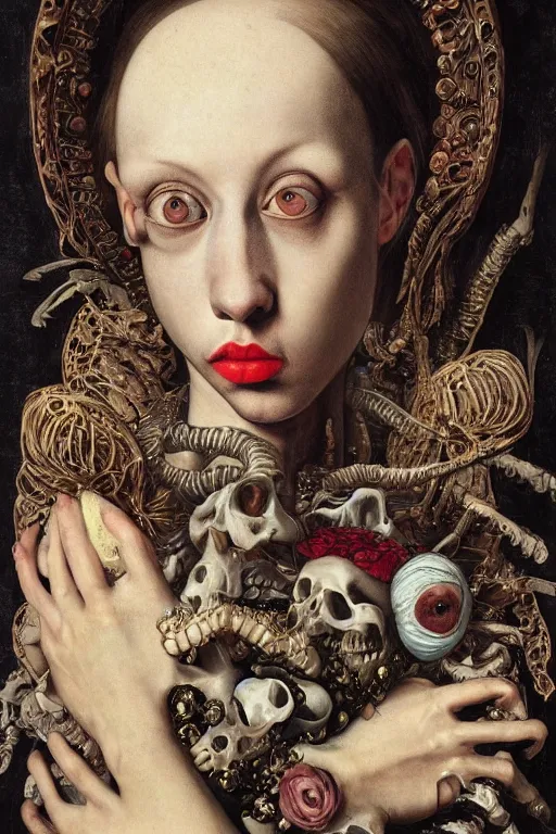 Image similar to Detailed maximalist portrait with large lips and with large, wide eyes, sad expression, extra bones, HD mixed media, 3D collage, highly detailed and intricate, surreal, illustration in the style of Caravaggio, dark art, baroque