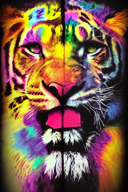 Image similar to damaged lisa frank daguerreotype, muted colours, detailed psychedelic gothic feline portrait of lion headed demonic chaos god in the service of Slaanesh , tiger stripes, leopard spots