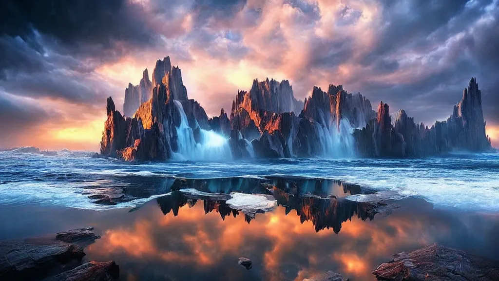 Image similar to amazing landscape photo of atlantis by marc adamus, beautiful dramatic lighting