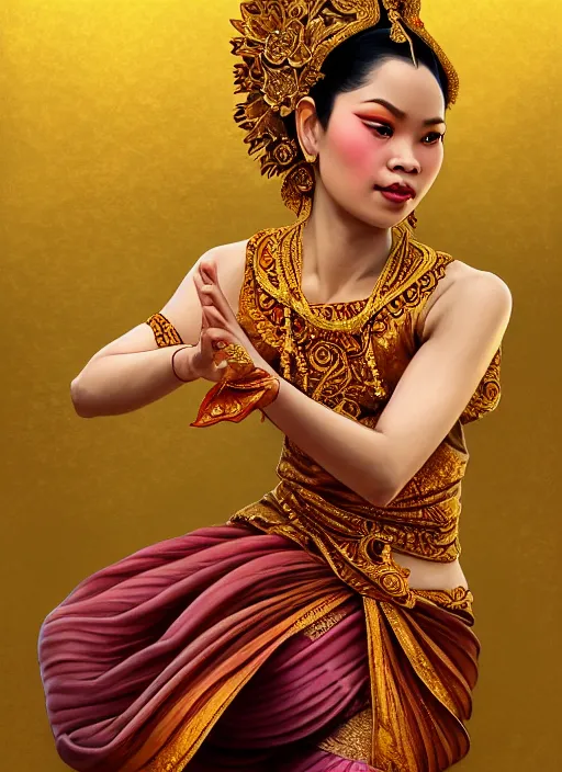 Prompt: javanese traditional dance, surealism, aesthetic, shiny, fantasy, intricate, elegant, extremely higly detailed, digital painting, artstation, anatomy perfect, baroque, concept art, photoshop, krita, smooth, sharp focus, full body focus, illustration, digital painting, art by artgerm and greg rutkowski and alphonse mucha