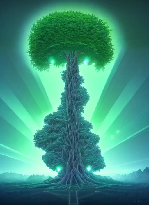 Image similar to high depth, collective civilization tree, calm, healing, resting, life, hybrids, scifi, glowing lights, published concept art, art in the style of all and none and everything and infinity