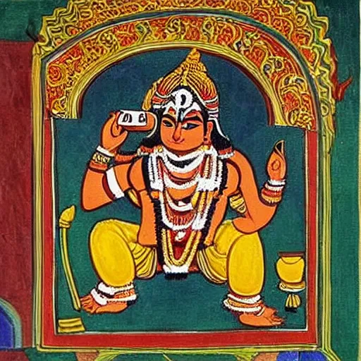 Prompt: a hindu epic painting of an office worker drinking coffee wearing an unstylish hat