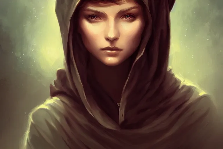 Image similar to « a painting of a woman with a hood on, a digital painting by charlie bowater, featured on cgsociety, fantasy art, behance hd, wiccan, artstation hd »