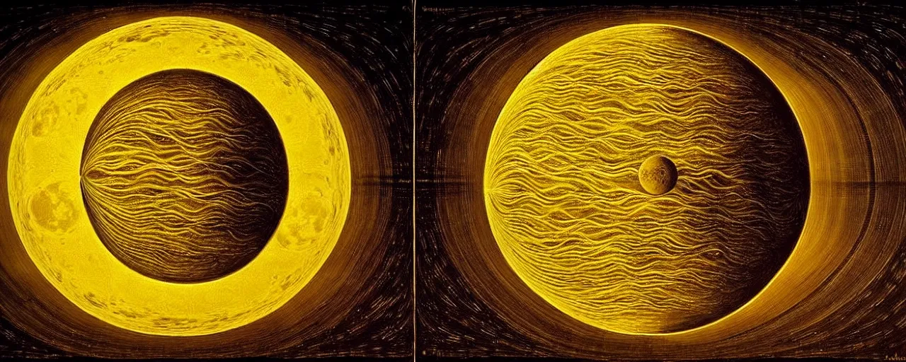 Prompt: the sun radiates a unique canto'as above so below'to the moon, while being ignited by the spirit of haeckel and robert fludd, breakthrough is iminent, glory be to the magic within, in honor of saturn, painted by ronny khalil