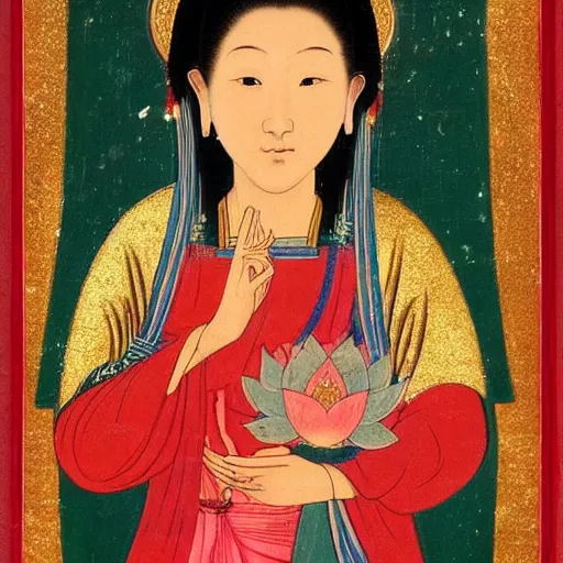 Image similar to portrait of 2 different asian looking girls close up one look away one is holding lotus flower in iconography style theophanes the greek glitter chinese ornament dress swan