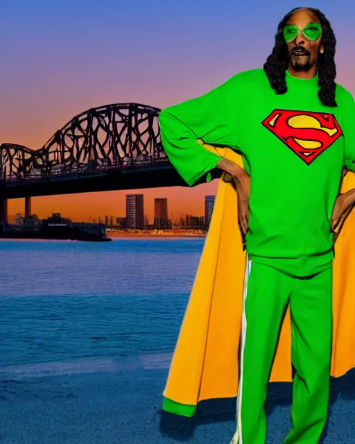 Image similar to snoop Dogg dressed as a green Superman with a marijuana logo, Long Beach background, sunset