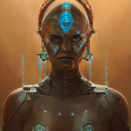 Image similar to A portrait of a cyborg goddess by Wayne Barlowe and Peter Mohrbacher, detailed, sharp, digital art, trending on Artstation