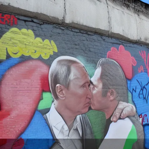 Image similar to Vladimir Putin and Sergey Lavrov kissing, kiss on the berlin wall graffiti, 8k