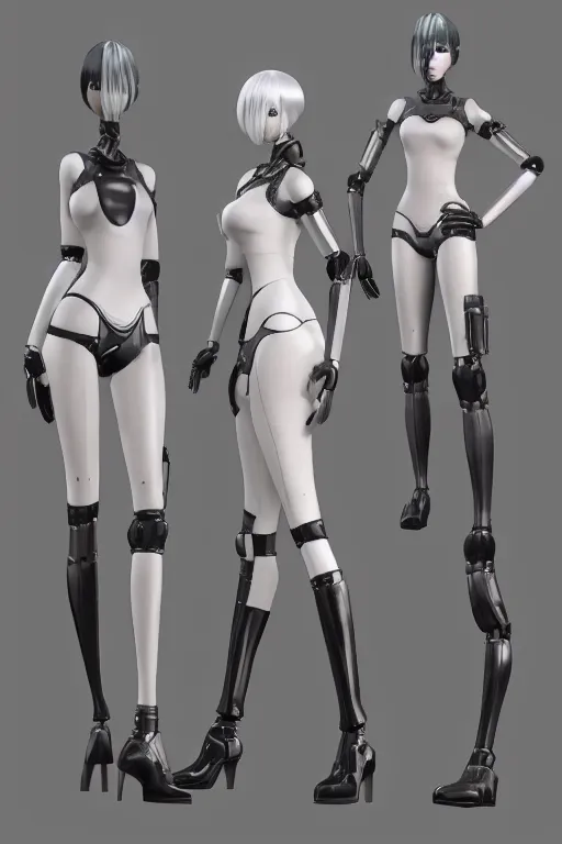 Prompt: CAD render of a realistic android companion modeled after 2B from Nier Automata and with slender feminine body type, solidworks, catia, autodesk inventor, unreal engine, gynoid cad design inspired by Masamune Shirow and Nier Automata and Ross Tran, product showcase, octane render 8k
