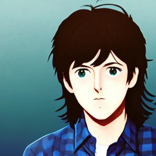 Image similar to anime illustration of young Paul McCartney from the Beatles, wearing a blue check shirt, long sideburns, ufotable