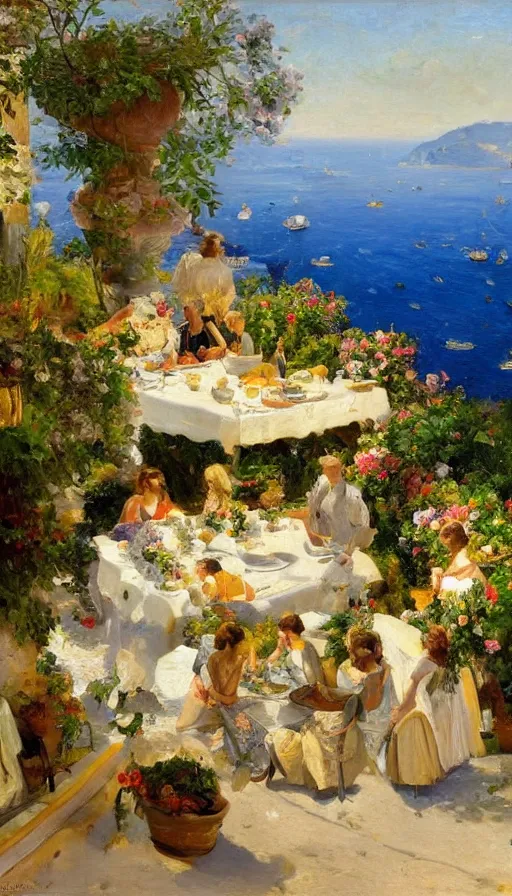 Image similar to still-life painting of garden-terrace party overlooking the Amalfi Coast, by Peder Krøyer, golden hour, dramatic lighting, volumetric lighting, intricately detailed, canvas print