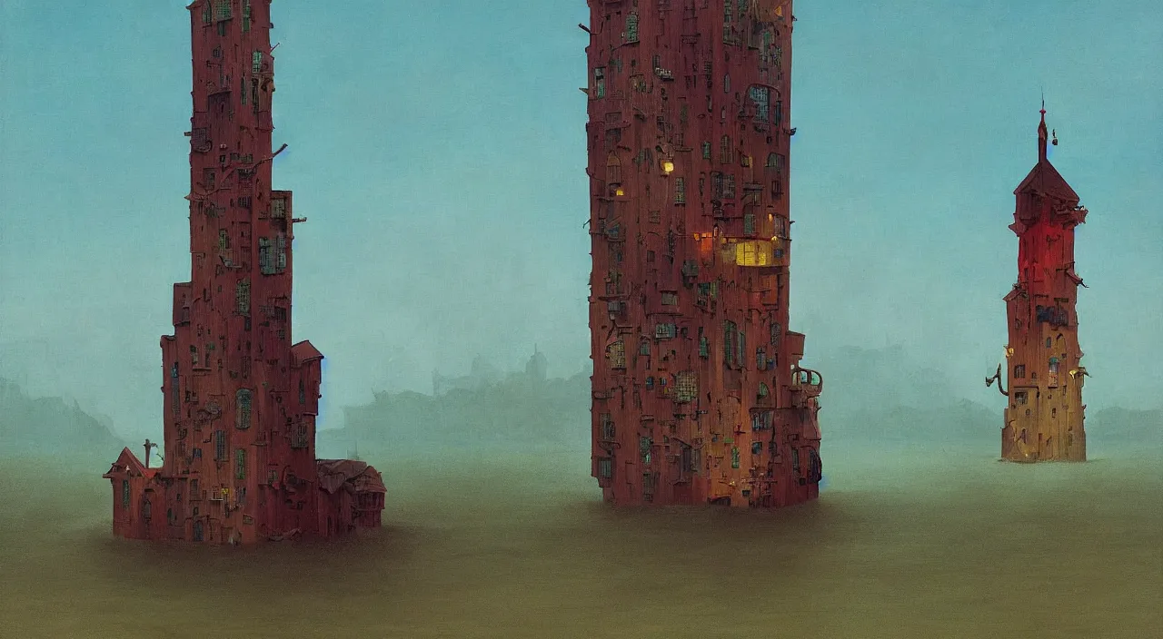 Image similar to single flooded simple wooden eldritch tower, very coherent and colorful high contrast!! masterpiece by rene magritte simon stalenhag carl spitzweg syd mead norman rockwell edward hopper james gilleard, minimalist, dark shadows, sunny day, hard lighting