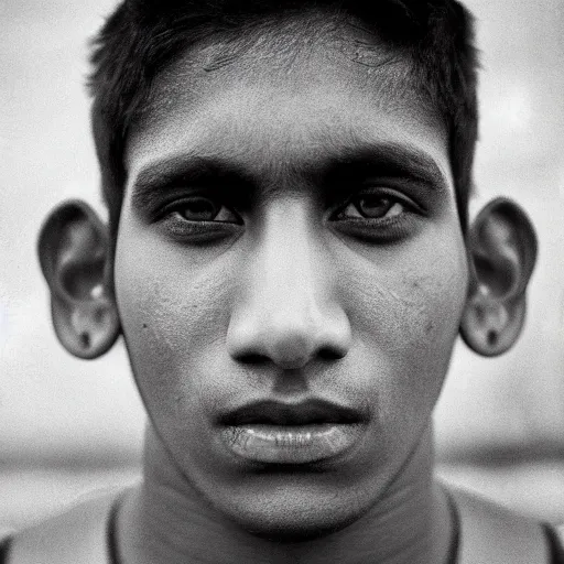 Image similar to close - up portrait photograph of a large teenage indian male with black eyes, a big mouth, a messy stubble and short touselled black hair, highly detailed, anatomically correct features,