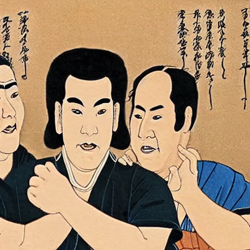 Image similar to ancient Japanese painting of Seinfeld characters in Jerry’s apartment, extremely detailed