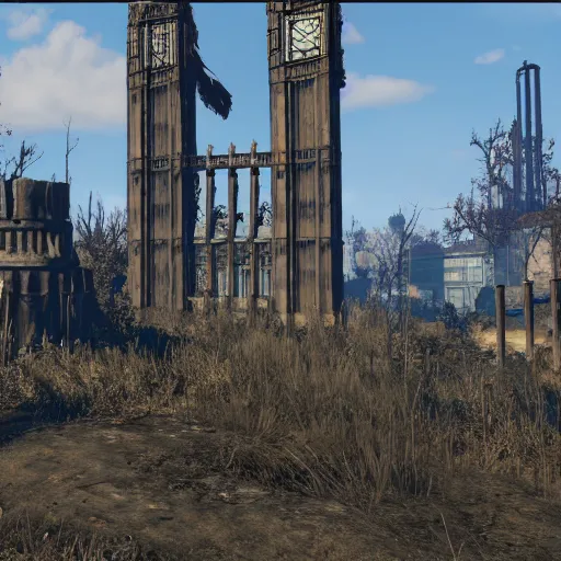 Prompt: The ruins of Big Ben, screenshot from Fallout 4