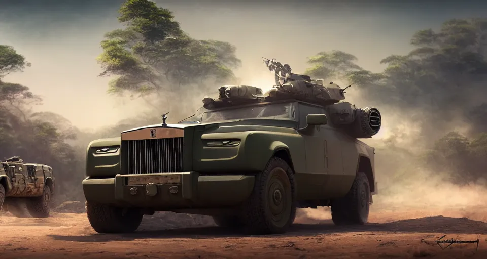 Prompt: a militarised car designed by rolls royce driving through madagascar, artgerm and wolp, an epic fantasy, volumetric light, detailed, an epic fantasy, trending on art station, octane render, midsommar