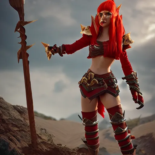 Image similar to beautiful redhead elf, warrior outfit, clash royal style characters, unreal engine 5, octane render, detailed, cinematografic, cinema 4 d