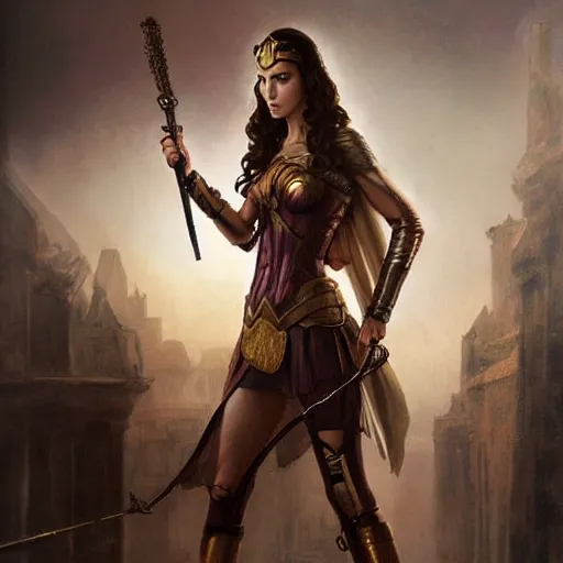 Image similar to highly detailed steampunk gal gadot standing, cape, staff : leonardo da vinci, greg rutkowski, magali villeneuve