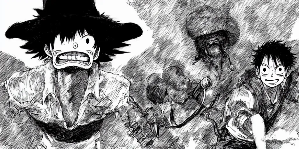 Image similar to [ luffy mustache ] ( by kim jung gi ) ( by kentaro miura )