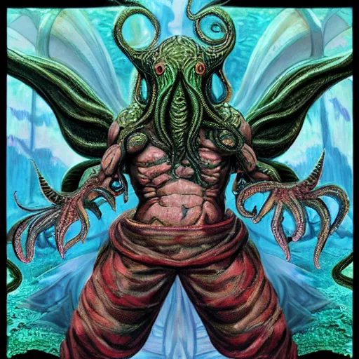 Prompt: 4K headshot of godlike Cthulhu with defined arms and open hands and bloody clothes with giant mandala wings , intricate face , flawless anime cel animation by Kentaro Miura, psychedelic , highly detailed upper body , professionally post-processed , beautiful, scary, symmetry accurate features, epic, octane rendered, anime masterpiece, accurate