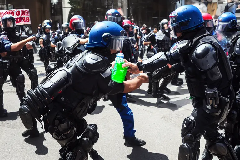 Prompt: beast boy giving a pepsi to riot police and stopping a protest, pepsi ad