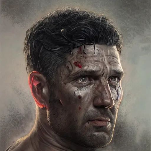 Prompt: portrait of frank castle the punisher, bloody, intricate, elegant, highly detailed, centered, digital painting, artstation, concept art, smooth, sharp focus, illustration, artgerm, tomasz alen kopera, peter mohrbacher