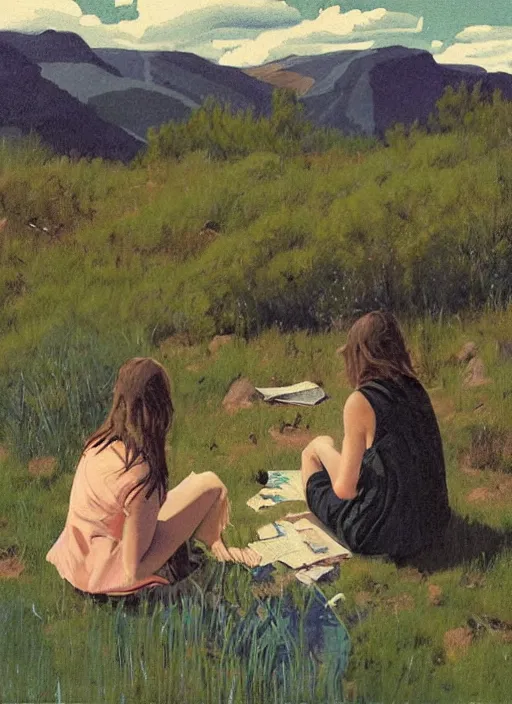 Prompt: composition by justine kurland, a up - close portrait of girl friends sitting in a scenic representation of mother nature and the meaning of life by billy childish, thick visible brush strokes, shadowy landscape painting in the background by beal gifford, vintage postcard illustration, minimalist cover art by mitchell hooks