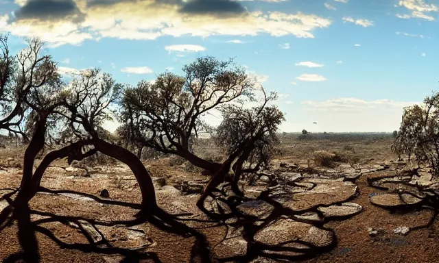 Prompt: beautiful panorama of many magnificent big upside-down raindrops in a perfect cloudless blue sky above a dried up river surrounded by desolate land and dead trees, blue sky, hot and sunny highly-detailed, elegant, dramatic lighting, artstation, 4k, cinematic landscape, masterpiece photograph by Elisabeth Gadd