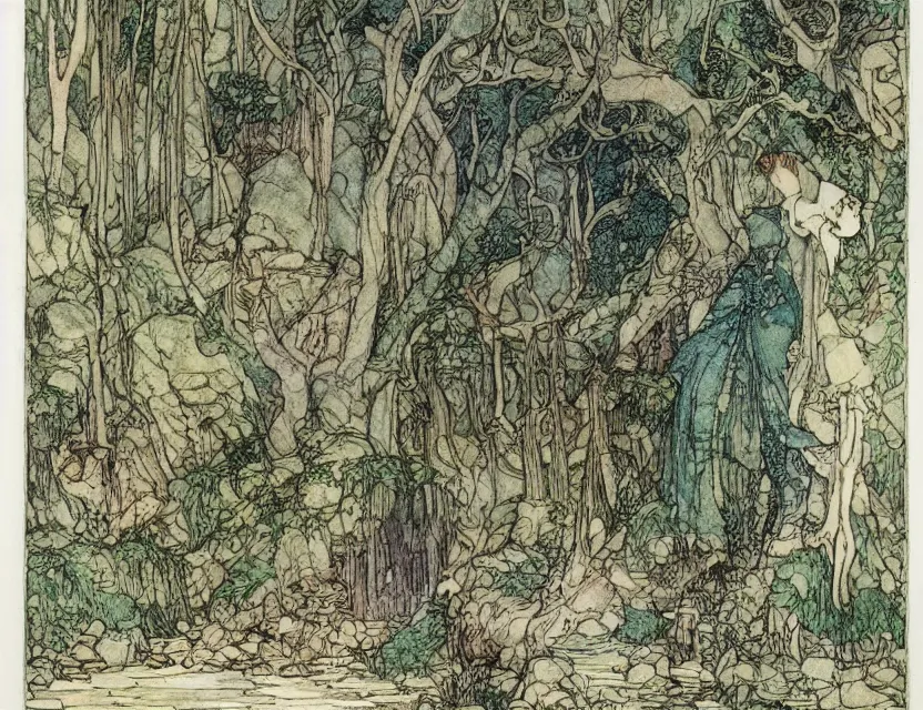 Image similar to a detailed, intricate watercolor and ink illustration with fine lines of the view from the river of an art nouveau rivendell, by arthur rackham and edmund dulac and lisbeth zwerger