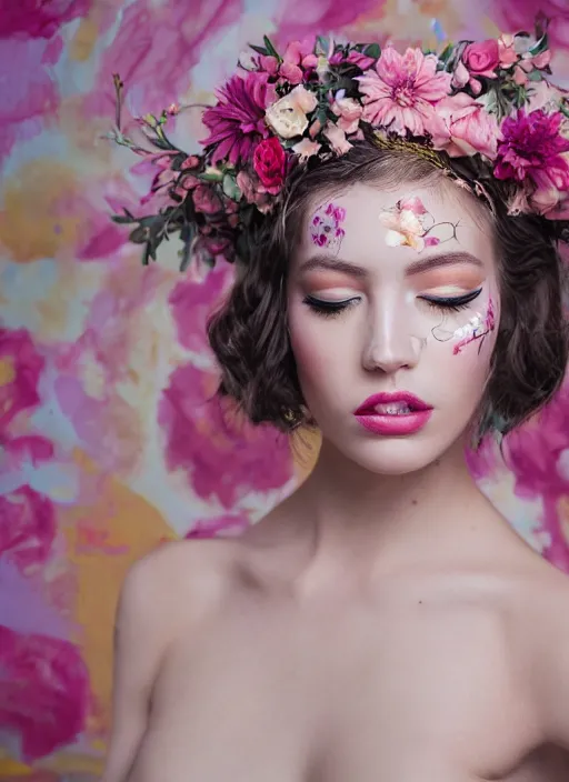 Image similar to a creative portrait of a beautiful female model, beauty shot, floral headpiece, floral painted backdrop, photography, creative makeup, face paint, female character, canon eos r 3, f / 1. 4, iso 2 0 0, 1 / 1 6 0 s, 8 k, raw, unedited, symmetrical balance, in - frame