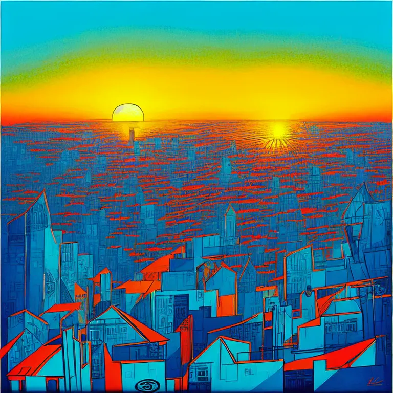 Image similar to birdseye view of a sunrise over a city, art by earle, eyvind