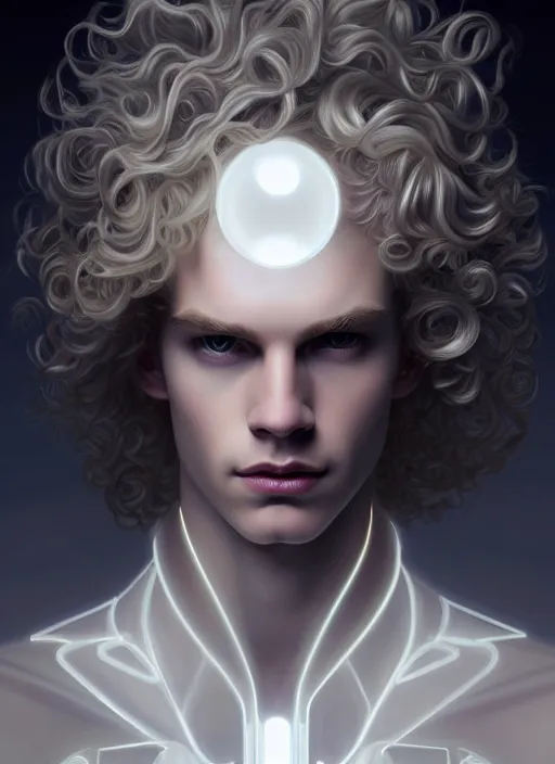 Image similar to symmetry portrait of a pale blond young androgynous prince with very curly long blond curly hair, sci - fi, black steel cyborg body tech wear, glowing lights intricate, elegant, highly detailed, digital painting, artstation, concept art, smooth, sharp focus, illustration, art by artgerm and greg rutkowski and alphonse mucha
