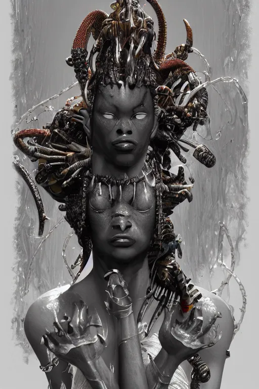 Image similar to epic 3 d oxaguian, african deity, liquid hands and feet spinning, 2 0 mm, with white and silver swords melting smoothly into asymmetrical cables and technology, liquid, delicate, intricate, houdini sidefx, trending on artstation, by jeremy mann and ilya kuvshinov, jamie hewlett and ayami kojima