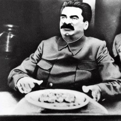 Image similar to stalin smashes burger with his fist