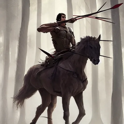 Image similar to Adam Driver as a centaur warrior, human upper torso attached to a horse body, aiming a bow and arrow, galloping through the forest, digital art, fantasy art by Greg Rutkowski