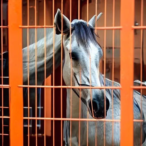 Image similar to horse with orange inmate clothes, in a jail